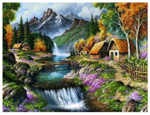 Diamentowa Mozaika Domki Nad Rzeką W Górach 30X40 Cm Kreatywne Diamenty