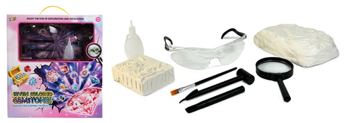 KOPALNIA DIAMENTÓW 7 KOLOROWYCH KAMIENI ZESTAW DUŻY, pak 36
zestaw do wykopalisk. do wydobycia 7 kolorowych kamieni. 
w zestawie 2 x gipsowa bryłka, dłuto, młoteczek, okulary, lupka, pojemniczek i pędzelek.
wymiary pudełka 32,5 X 6,5 X 35