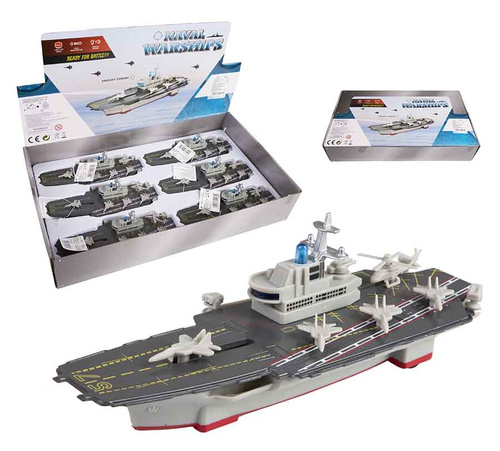 ŁÓDŹ- LOTNISKOWIEC METAL *6 BOX Z DŹWIĘKIEM 24/48
baterie 3x 5VLR(LR41), 1 długi dzwięk : alarm, start samolotów, strzelanie, niebieskie pulsujące światło
Wymiar statku : 22cm x 7,5cm x 7cm
Wymiar displaya : 47cm x 8cm x 27cm 
Waga displaya : 1485 g
Mozli