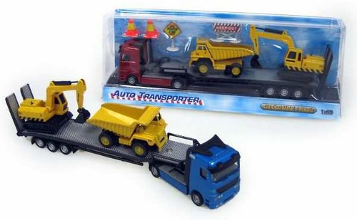 Autotransporter z dwoma pojazdami budowlanymi metalowymi