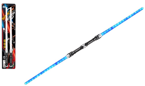 MIECZ ŚWIETLNY DWUSTRONNY ŚWIECĄCY, pak 72/36
Wymiar opakowania : 70 cm x 14 cm ,Wymiar po rozłożeniu : 132 cm
mIecz skręcany z dwuch , świecących w różnych klorach. Barterie R6 (niedołączone )