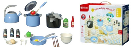 ZESTAW KUCHENNY 32 ELEMENTY NIEBIESKI KARTON PAK 16 
zestaw składa się z czajnika, granków, zastawy, przyborów kuchennych, przypraw, jajka i warzyw
wymiar kartonu: 23,5 x 3 x 23,5 cm
