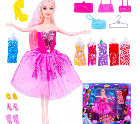 LALKA typu Barbie ZESTAW 6 SUKIENEK BUTY AKCESORIA