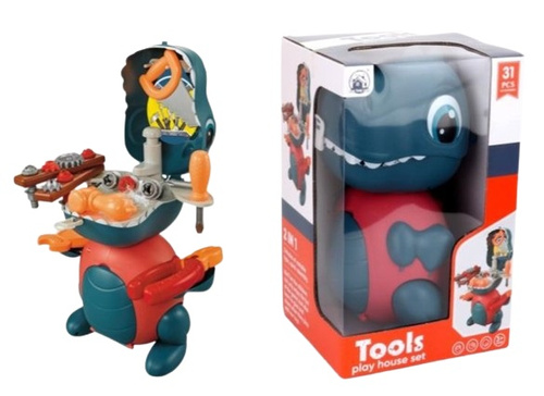 DINOZAUR ROZKŁADANY Z ZESTAWEM NARZĘDZI, pak 36/18 
duży dinozaur-pojemnik z otwieraną paszczą tworzącą warsztat. Skrytka w brzuchu dinozaura na narzędzia. 
wymiary dinozaura-pojemnika: 37,3 x 22,9 x 27,5 cm
wymiary pudełka: 17,5 x 19 x 30 cm