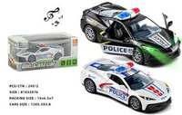 AUTO METAL CASTCAR POLICJA PULL BACK ŚWIATŁO/DŻWIĘKI WYTŁACZANY KARTON PAK 240 
Wymiar produktu: 12x5,3x3,8 cm,Wymiar opak: 15x6,5x7 cm 
dwa kolory ; biały, czarny Batereie AG w zestawie, Światło z przodu dżwięk ruszania, jazda, muzyka