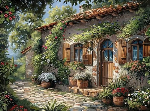 Malowanie Po Numerach Dom Z Drewnianymi Okiennicami 40x50 Na Ramie