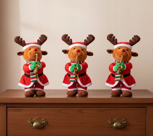 Renifer Świąteczny z Saksofonem Tańczący i Grający Kolędy z Powtarzaniem Głosu