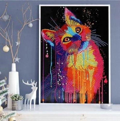 Diamentowa Mozaika Haft Mandala 7D Siedzący Tęczowy Kot 30X40