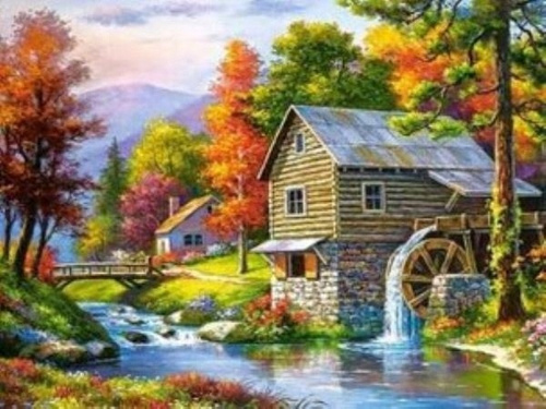 Malowanie Po Numerach Młyn Wodny Nad Rzeką Jesienią 40X50 Rama