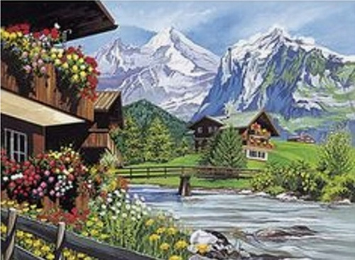 Diamentowa Mozaika 30x40cm Haft Diamentowy Domki W Górach Nad Potokiem