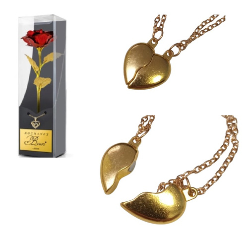 RÓŻA Z WISIORKIEM DWIE POŁÓWKI SERCA, pak 120 
czerowne płatki, złota łodyga i liście, 
wisiorek z serduszkiem (dwie połówki na magnes), 
wysokość róży ok. 24 cm, 
pudełko: 26 x 6,9 x 6,9 cm