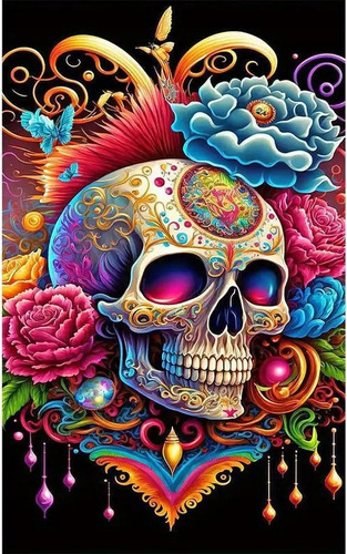 Diamentowa Mozaika Czaszka Z Kwiatami Halloween Haft Kreatywny 30x40 Cm