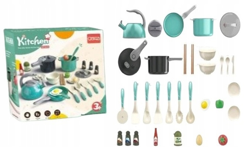 Zestaw Kuchenny Dla Dzieci 32 Elementy Garnki, Czajnik, Patelnia, Jedzenie
