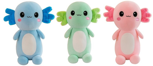 PLUSZ AKSOLOT Z GWIAZDKAMI W OCZACH SIEDZIĄCY (AXOLOTL), pak 60 
trzy kolory: różowy, zielony, niebieski, 
wymiary: 40 cm
