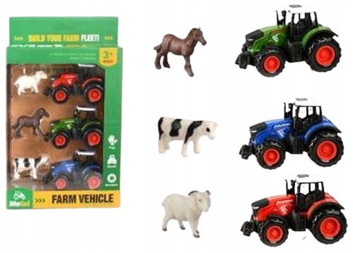 Zestaw Farma 3 Traktory 3 Zwierzęta Koń Krowa Koza Metalowe dla Dzieci