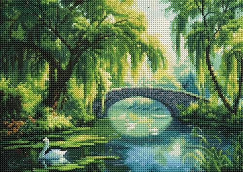 Diamentowa Mozaika Haft Kamienny Most Nad Rzeką W Gęstym Lesie 30x40 Cm