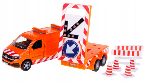 Auto Metalowe Służba Drogowa Pick-up z Przyczepą i Znakami Ostrzegawczymi