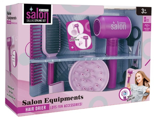 ZESTAW FRYZJERSKI DELUXE, pak 24, 
zestaw piękności do stylizacji włosów. W pudełku między innymi: suszarka, dwie pary nożyczek, grzebień. 
zestaw wymaga 3 baterii (nie są zawarte w zestawie)
wymiary pudełka: 33 x 8,8 x 24,5 cm
