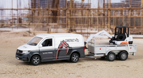 Auto metalowe Bus Z Przyczepą Koparką Białe Z Mechanizmem Pull-Back