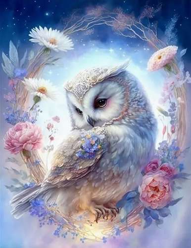 Malowanie Po Numerach Biała Sowa W Kwiecistej Obręczy 40X50 Cm Na Ramie