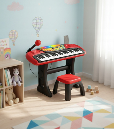 Keyboard Pianinko Czerwone Z Mikrofonem Posiada 37 Klawiszy Z Siedziskiem
