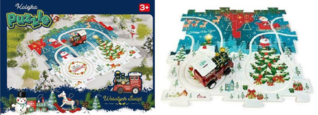 KOLEJKA PUZZLE ŚWIĄTECZNE Z LOKOMOTYWĄ, pak 72 
puzzle z motywem świątecznym, 
4 elementy, z których budujemy swój tor,
wymiary: 26 x 26 x 9,2 cm 
wymiary opakowania: 19,5 x 14,5 x 4,5 cm