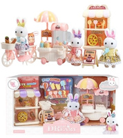 KRÓLIK-LALECZKA Z ZESTAWEM AKCESORIÓW SKLEPIK ZE SŁODYCZAMI, pak 36 
przesłodki zestaw zawiera: 1 x króliczek (do zebrania różne wzory strojów), wózek ze słodyczami (popcorn, lizaki, łopatka), rowerek, uliczny straganik z przekąskami i potykacz. 
wymiary