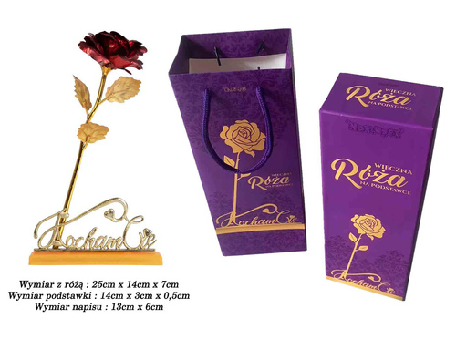 CZEROWNA WIECZNA RÓŻA ZE ZŁOTĄ ŁODYGĄ NAPIS KOCHAM CIĘ PREZENT WALENTYNKI