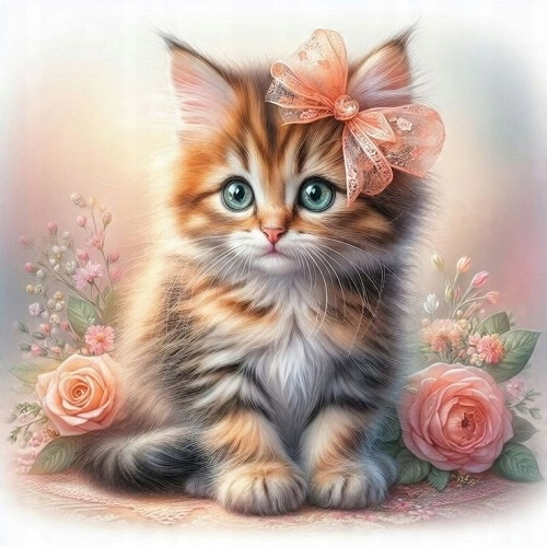 Malowanie Po Numerach Mały Kot Z Wstążką Z Różami 40X50 Z Ramą Kreatywne