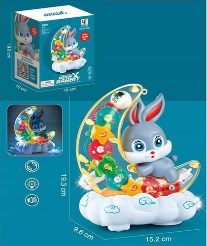 KRÓLIK NA KSIĘŻYCU MALUCHA JEŻDŻĄCY ŚWIATŁO, DŹWIĘK  KARTON  pak-72/36
1 funkcja :jeżdzi odbijając się od przeszkód, ruchome gałki oczne, trybiki.melogie
2 funcja : stojąca , świecąca lampka nocna bez melodii
