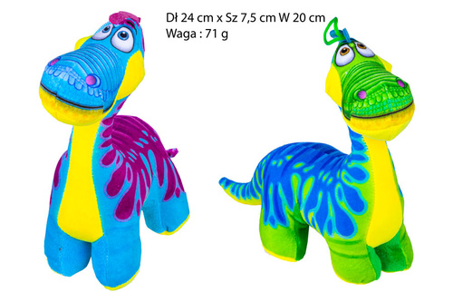 PLUSZ DINOZAUR KOLOR 22 CM 2 WZORY /60
Dł 24 cm x Sz 7,5 cm W 20 cm 
Waga : 71 g