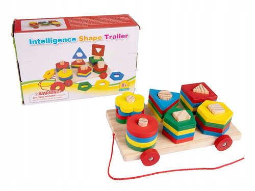 Drewniany Wózek Z Piramidkami Różne Kształty Zabawka Montessori