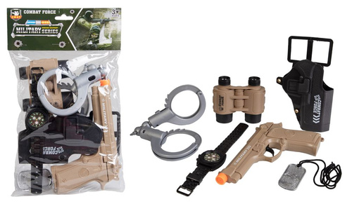 ZESTAW ŻOŁNIERZA Z LORNETKĘ I ZEGARKIEM, pak 96/48,
przebranie pakowane w worek,
w zestawie nieśmiertelnik, kajdanki, lornetka, zegarek, kabura i pistolet
wymiary opakowania: 31 x 18 x 3 cm