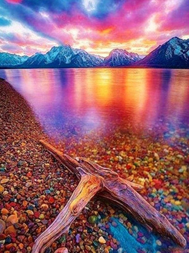 Malowanie Po Numerach Kolorowe Kamienie Na Tle Jeziora 50X40 Z Ramą