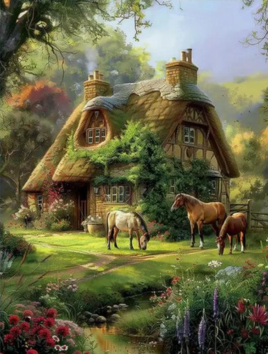 DIAMENTOWA MOZAIKA LEŚNA CHATA I KONIE PAK 30 
30X40