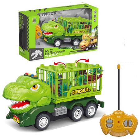 AUTO DINOZAUR NA RADIO KLATKA Z FIGURKAMI DINOZAURÓW 1:14, pak 24 
zestaw zawiera autko na radio, kontroler, ładowarkę USB, figurki i drzewk.
wymiary opakowania: 41,5 x 12,8 x 21,3 cm