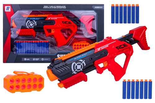 PISTOLET SUPER SHOOT GAME CZERWONY NA STRZAŁKI PIANKOWE KARTON  PAK 24
Wymiary szt 55,5x7x32 cm / Wymi kartonu zbiorc 87,5x56,5x66 cm, Waga : 863 g