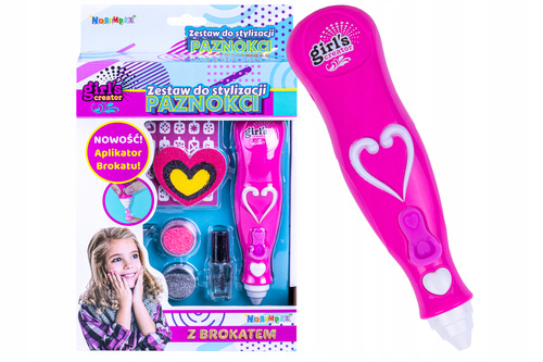 ZESTAW DO PAZNOKCI 2 BROKARY + APLIKATOR KARTON  pak 72/36 
Wymiary 18,5x4x29 cm / Waga 210 g 
wsyp brakat do aplikatora, pomaluj paznokce lakierem, na mokry lakier posyp brokarem 
baterie R3X2-brak w zestawie