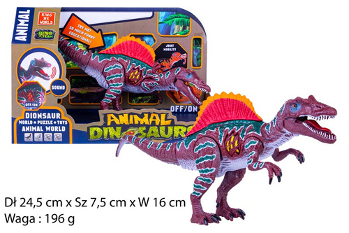 DINOZAUR Z GRZEBIETOWĄ PLETWĄ  Z DŹWIĘKIEM (PRZYCISK NA BOKU ) KARTON OTWARTY  PAK 60/30
Dł 24,5 cm x Sz 7,5 cm x W 16 cm ,Waga : 196 g