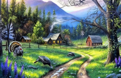 Diamentowa Mozaika Dom W Lesie Z Indykami Haft Kreatywny 80x40 Cm