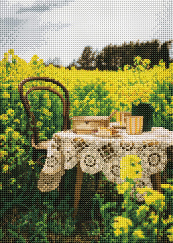 Diamentowa Mozaika Haft Kawa Przy Stoliku W Kwitnącym Rzepaku 30x40 Cm