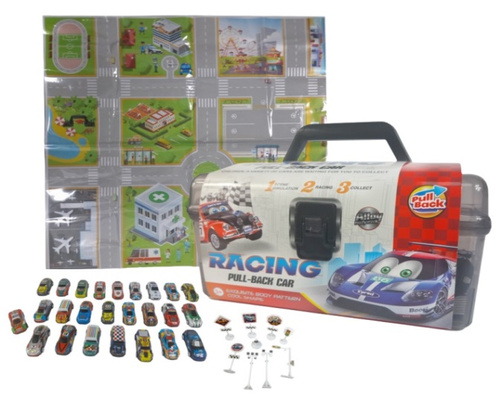 ZESTAW AUTEK SAMOCHODÓW AUT 25 SZT Z MATĄ MIASTO W KUFERKU