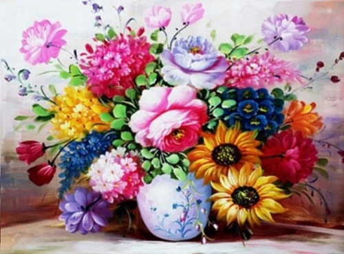 Diamentowa Mozaika Bukiet Kolorowych Kwiatów Haft Kreatywny 30x40 Cm