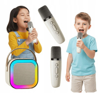 Głośnik Karaoke 2 Mikrofony Bluetooth USB Karta Pamięci Beżowy Światła LED