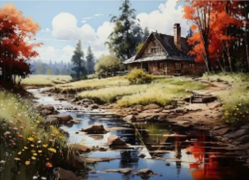 Diamentowa Mozaika Domek Nad Rzeką Jesienią 30x40 Cm Kreatywne Diamenty