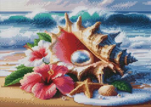 Diamentowa Mozaika Haft Kreatywny Muszla Perła Kwiaty Na Wybrzeżu 30x40 Cm