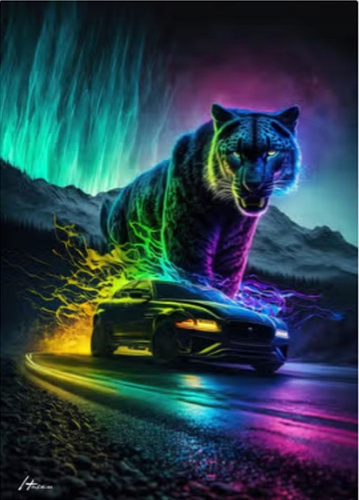 Diamentowa Mozaika Haft Tygrys I Auto Na Tle Zorzy 30x40cm