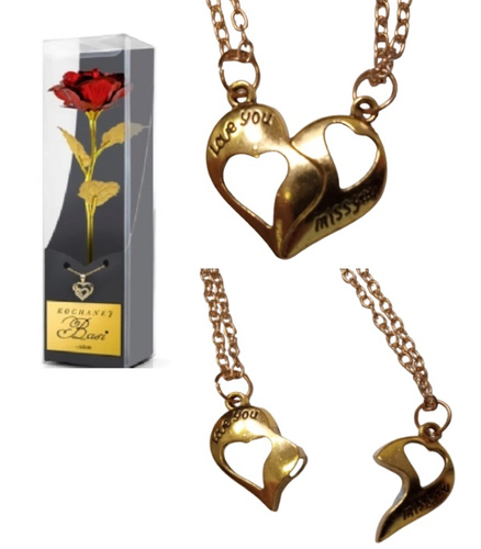 RÓŻA Z WISIORKIEM DWIE POŁÓWKI SERCA Z NAPISEM, pak 120
czerowne płatki, złota łodyga i liście,
wisiorek z serduszkiem (dwie połówki z napisem na magnes),
wysokość róży ok. 24 cm,
pudełko: 26 x 6,9 x 6,9 cm