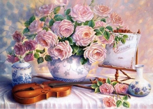 Diamentowa Mozaika Kwiaty Skrzypce Haft Kreatywny 30x40 Cm