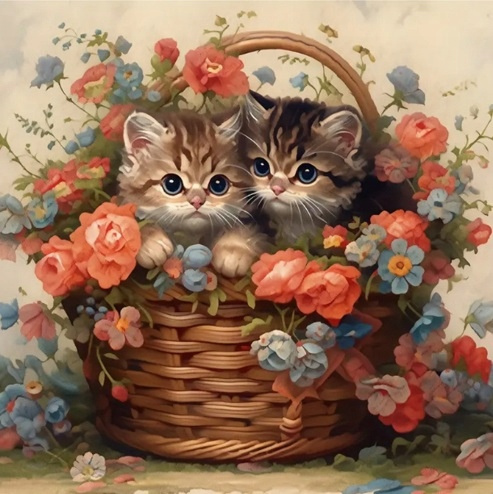 Malowanie Po Numerach Para Kotów W Koszyku Z Kwiatami 40X50 Cm Na Ramie